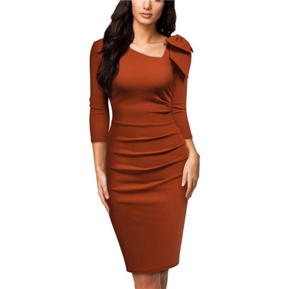 Women's 1950s Style Bow 2/3 Sleeve Business Pencil Dress